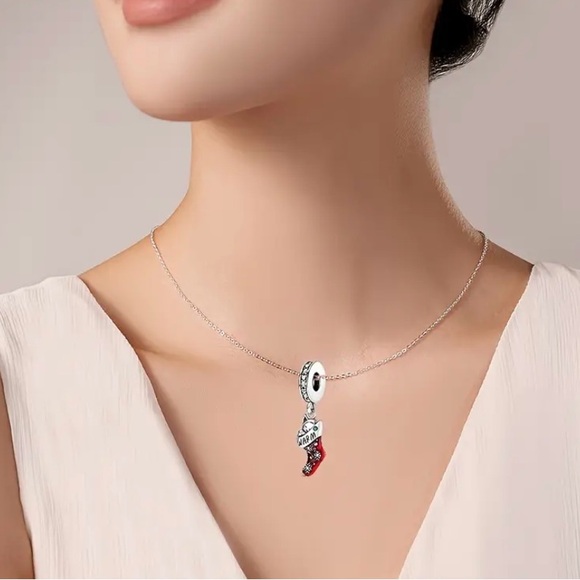 Pandora 925 Silver & Red Christmas Stocking Charm Pendant engraved Warm & Home - Picture 6 of 10